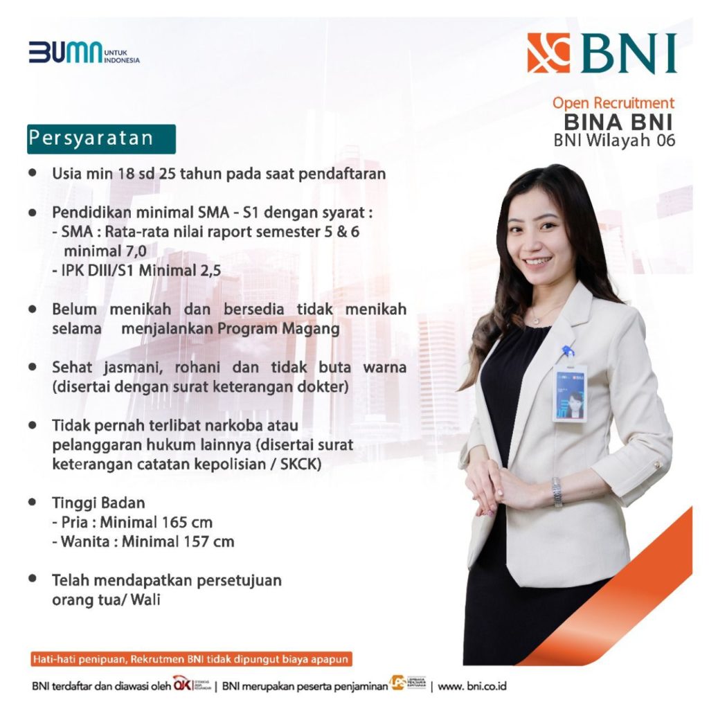 Open Recruitment BINA BNI Wilayah 06 Posisi Frontliners Departemen