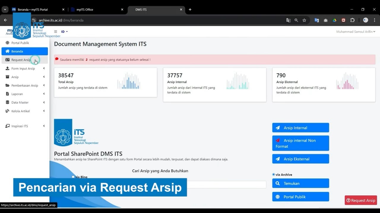 Tampilan Document Management System (DMS) ITS yang mampu menyimpan dan mengelola dokumen serta arsip digital