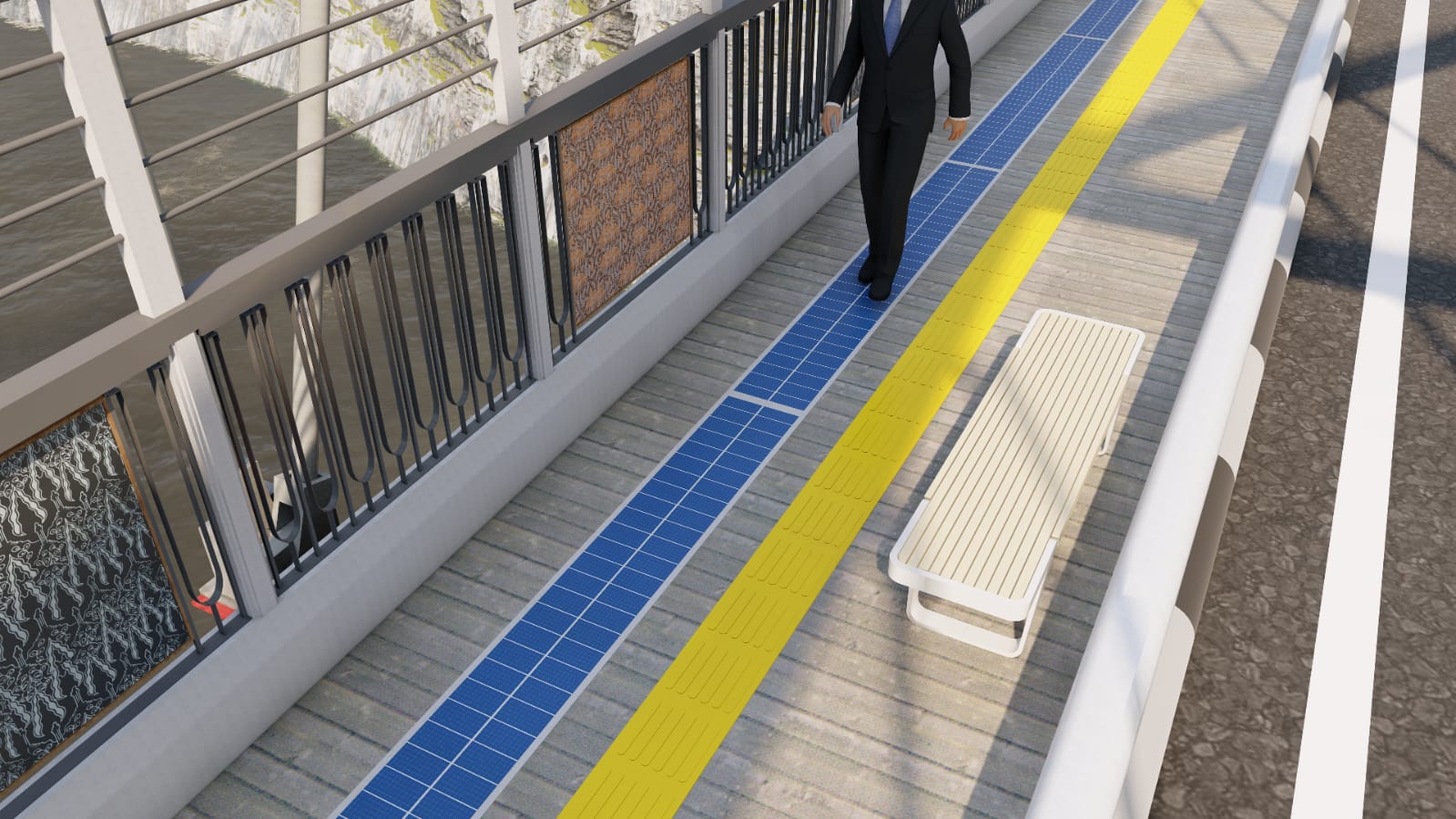 Desain trotoar pada Jembatan Arunika yang mengusung konsep pedestrian friendly untuk kenyamanan pengguna dengan memanfaatkan piezoelectric (warna biru) guna menghasilkan energi listrik