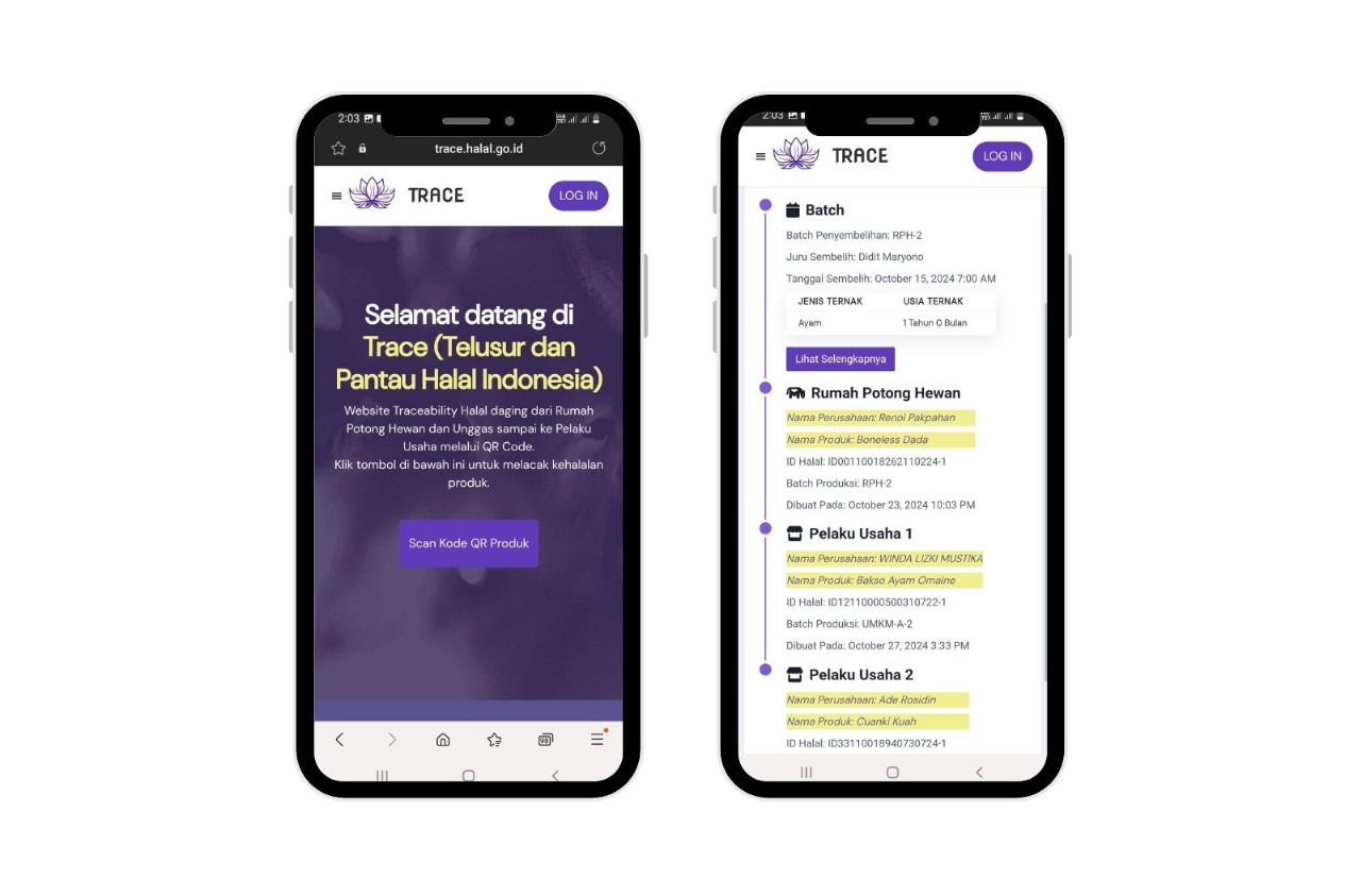 Tampilan antarmuka dari laman TRACE, karya tim peneliti ITS yang menyediakan informasi tentang kehalalan proses produksi sebelum sampai ke tangan konsumen