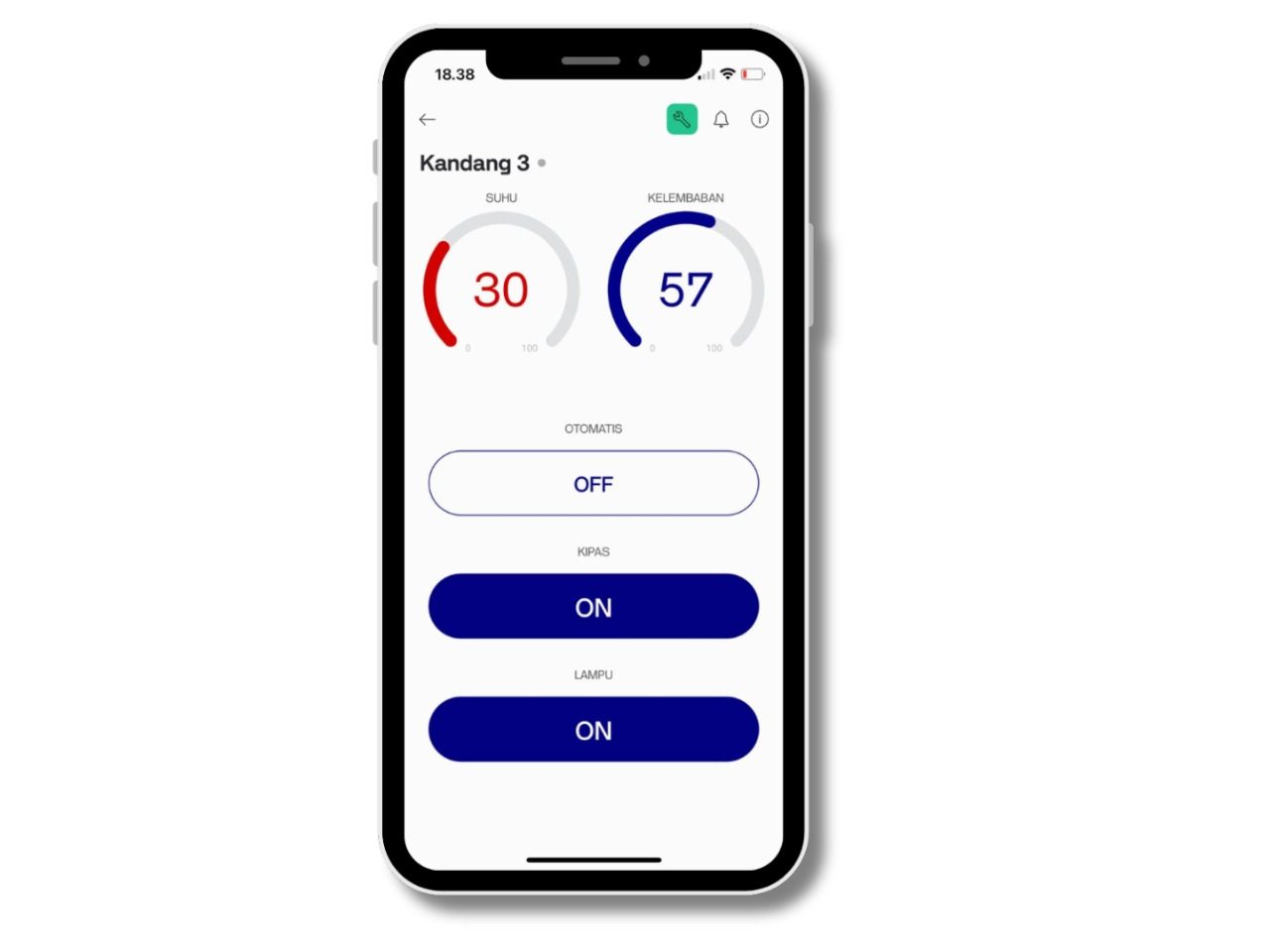 Tampilan antarmuka pengaturan suhu dan kelembapan kandang maggot pada aplikasi monitoring digital berbasis sistem IoT