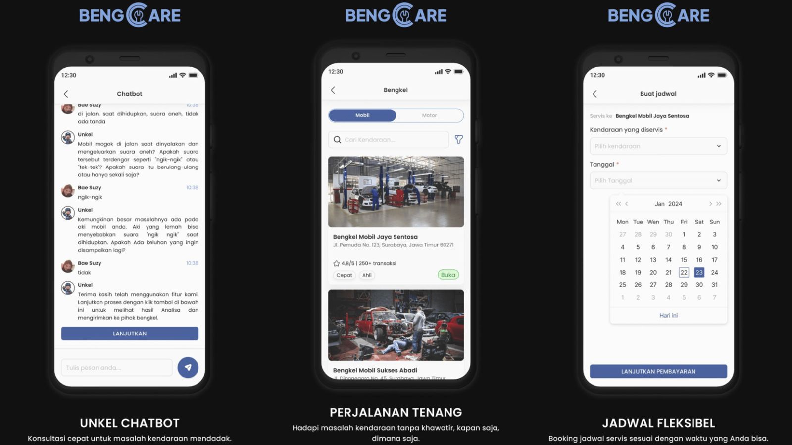 Beberapa fitur BENGCARE, platform digital yang menghubungkan masyarakat dengan bengkel terekomendasi