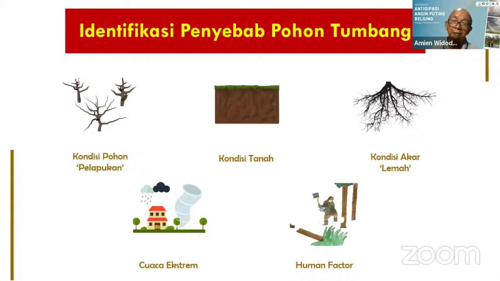 Dr Ir Amien Widodo MSi (frame kanan atas) saat memaparkan penyebab pohon tumbang pada webinar bertajuk Antisipasi Angin Puting Beliung