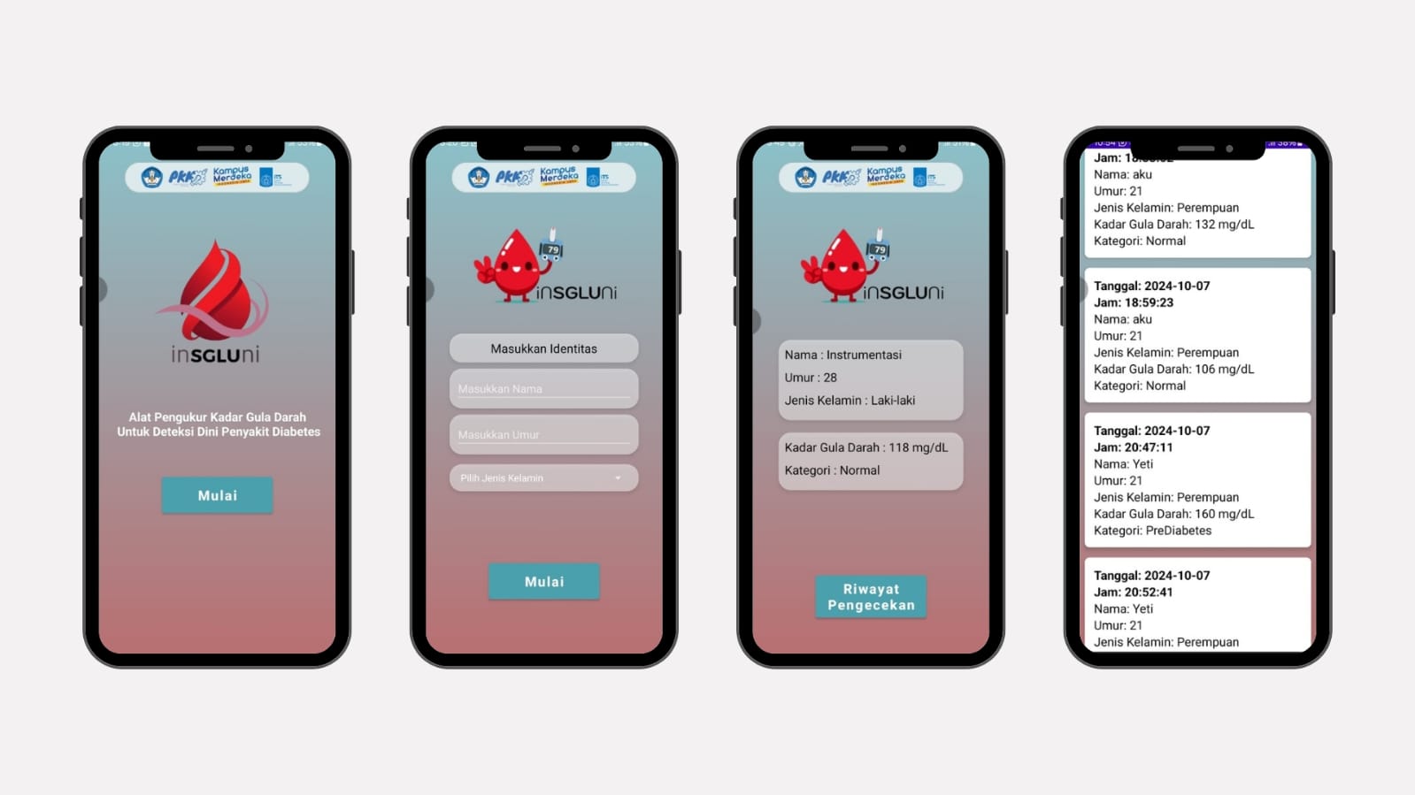 Tampilan antarmuka aplikasi pendamping Insgluni yang dapat merekam data pengujian kadar gula darah dan memberikan informasi kesehatan pengguna