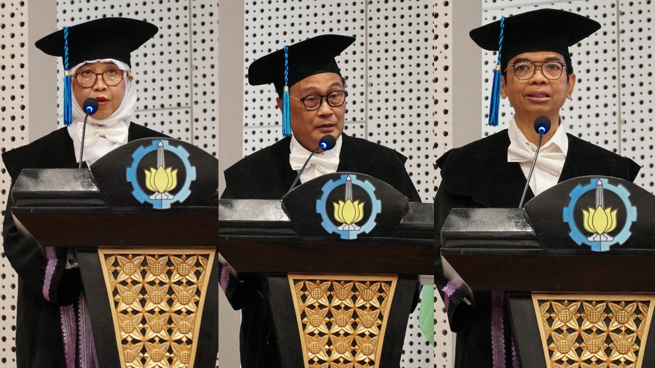 (dari kiri) Prof Dr Ir Sri Rachmania Juliastuti MEng, Prof Dr Ir Setiawan MS, dan Prof Nurhadi Siswanto ST MSIE PhD yang dikukuhkan menjadi profesor ke-204, 205, dan 206 ITS