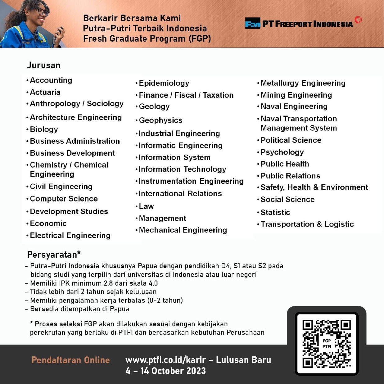 Open Recruitment Fresh Graduate Program Oleh PT Freeport Indonesia