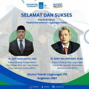 Ucapan selamat dari keluarga besar Departemen Teknik Lingkungan ITS kepada Bapak Ir. Ary Sudijanto dan Bapak Ir. Sigit Reliantoro atas pelantikan sebagai Deputi di BPLH, menyoroti prestasi membanggakan mereka sebagai alumni TL ITS angkatan 1987 dan harapan besar terhadap kepemimpinan mereka dalam pengelolaan lingkungan hidup dan sumber daya alam yang berkelanjutan di Indonesia.