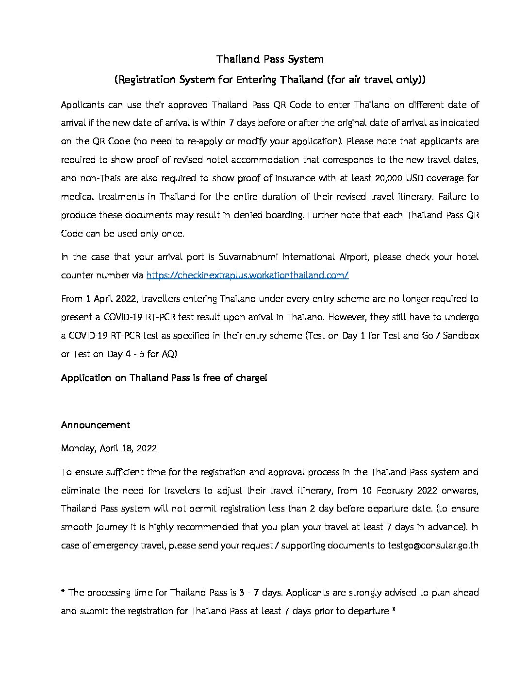 thailand pass registration system (for air travel only)