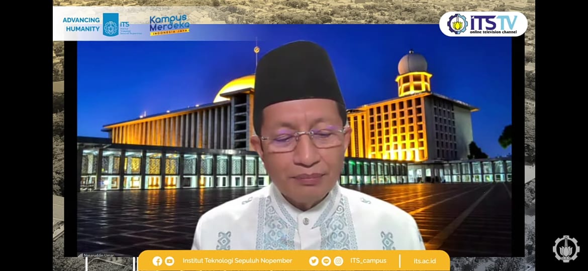 Prof Dr Nasaruddin Umar M A, Imam Besar Masjid Istiqlal Jakarta saat memberikan tausiyah pada Halal Bihalal Keluarga Besar ITS 2021 secara daring