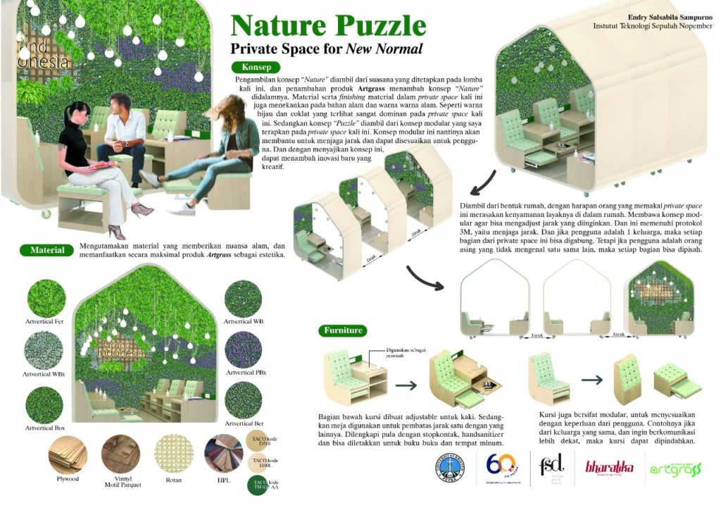 Desain eksterior dan interior dari ruang privat Nature Puzzle yang berkonsep modular