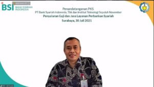 Regional CEO BSI Region Office IX Surabaya Ali Muafa ketika menyampaikan sambutannya dalam acara penandatanganan PKS antara ITS dengan Bank Syariah Indonesia (BSI)