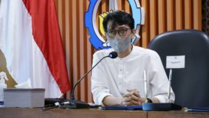 Plt Kepala Pusat Prestasi Nasional Asep Sukmayadi SIP MSi saat memberi sambutan pada acara penandatanganan perjanjian kerja sama (PKS) antara ITS dan BPTI tentang penyelenggaraan Kontes Robotika Indonesia (KRI) tahun 2022