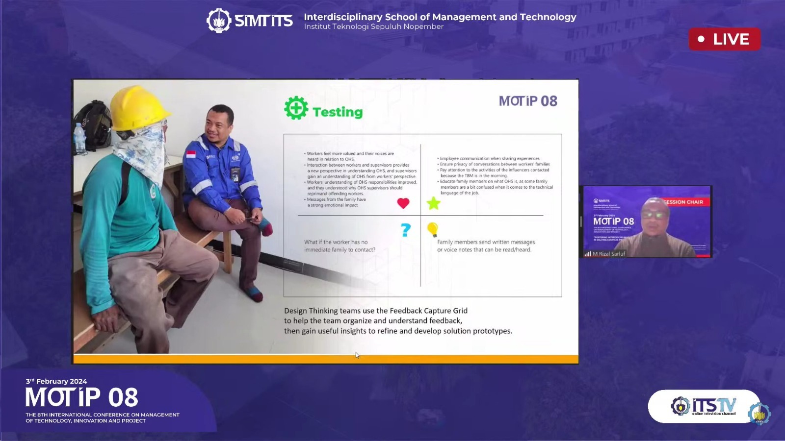 M Rizal Sarluf, salah satu presenter saat memaparkan penelitiannya yang menggunakan metode design thinking dalam OSH procedures and fatigue management