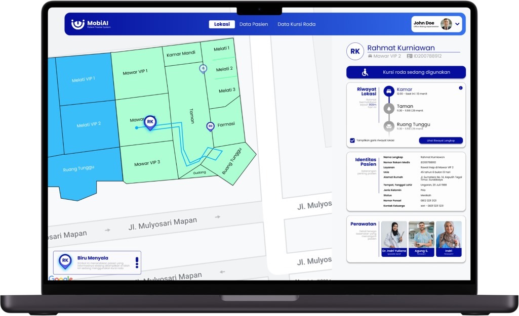 Tampilan MobiAi Patient Tracker System, laman pemantau dan pelacak kursi roda yang dirancang tim mahasiswa ITS