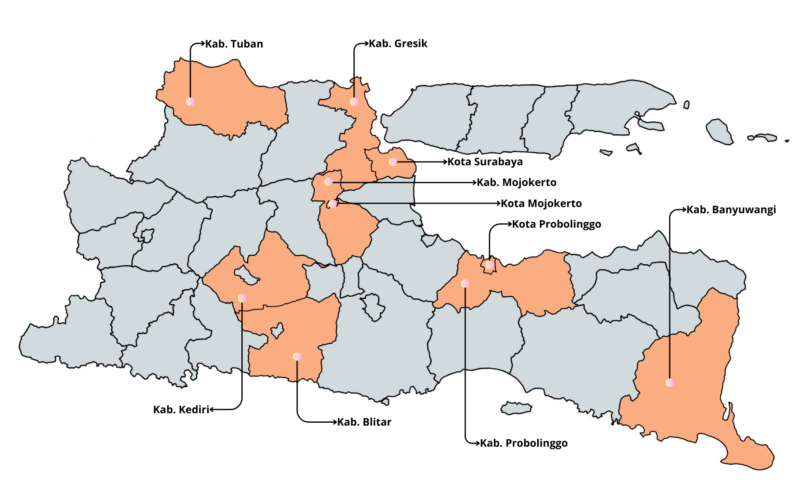Peta Persebaran Kerja Sama PDPM ITS di Jawa Timur Tahun 2023 dan 2024