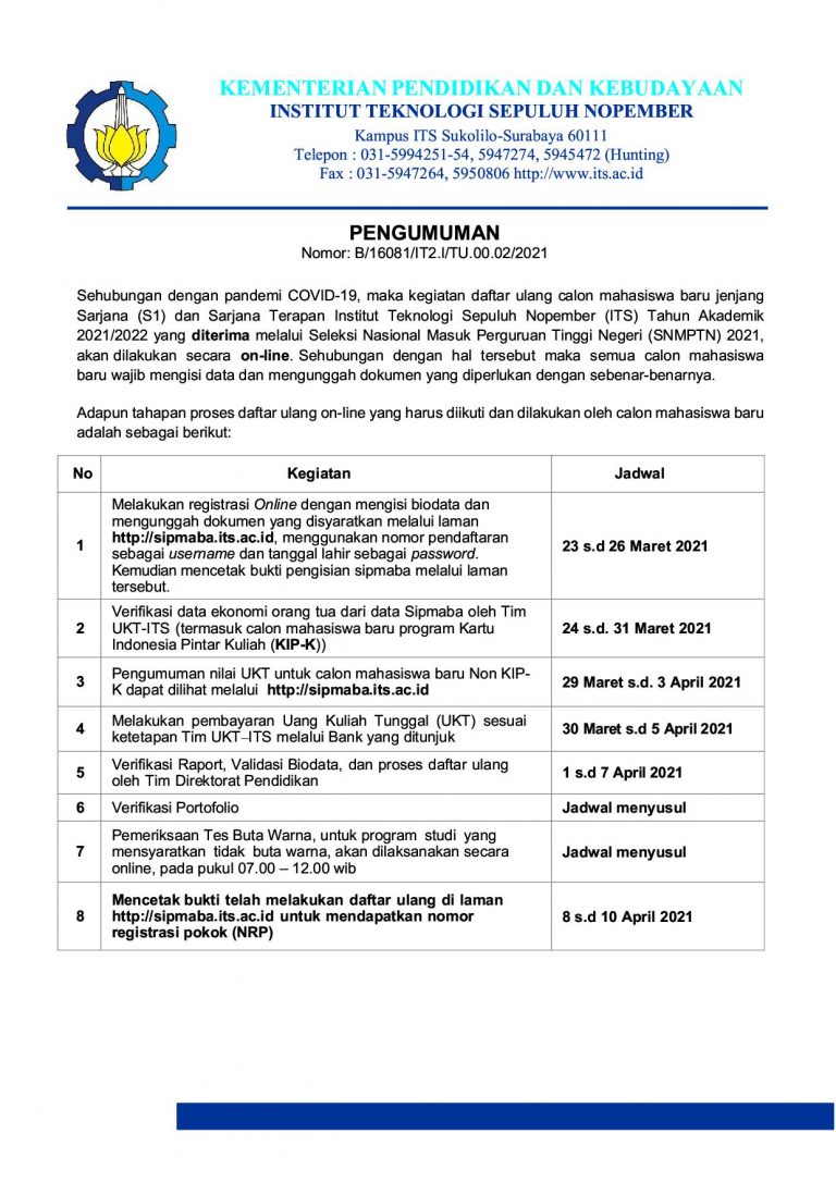 Proses Daftar Ulang Calon Mahasiswa Baru Its Jalur Snmptn 2021 2022